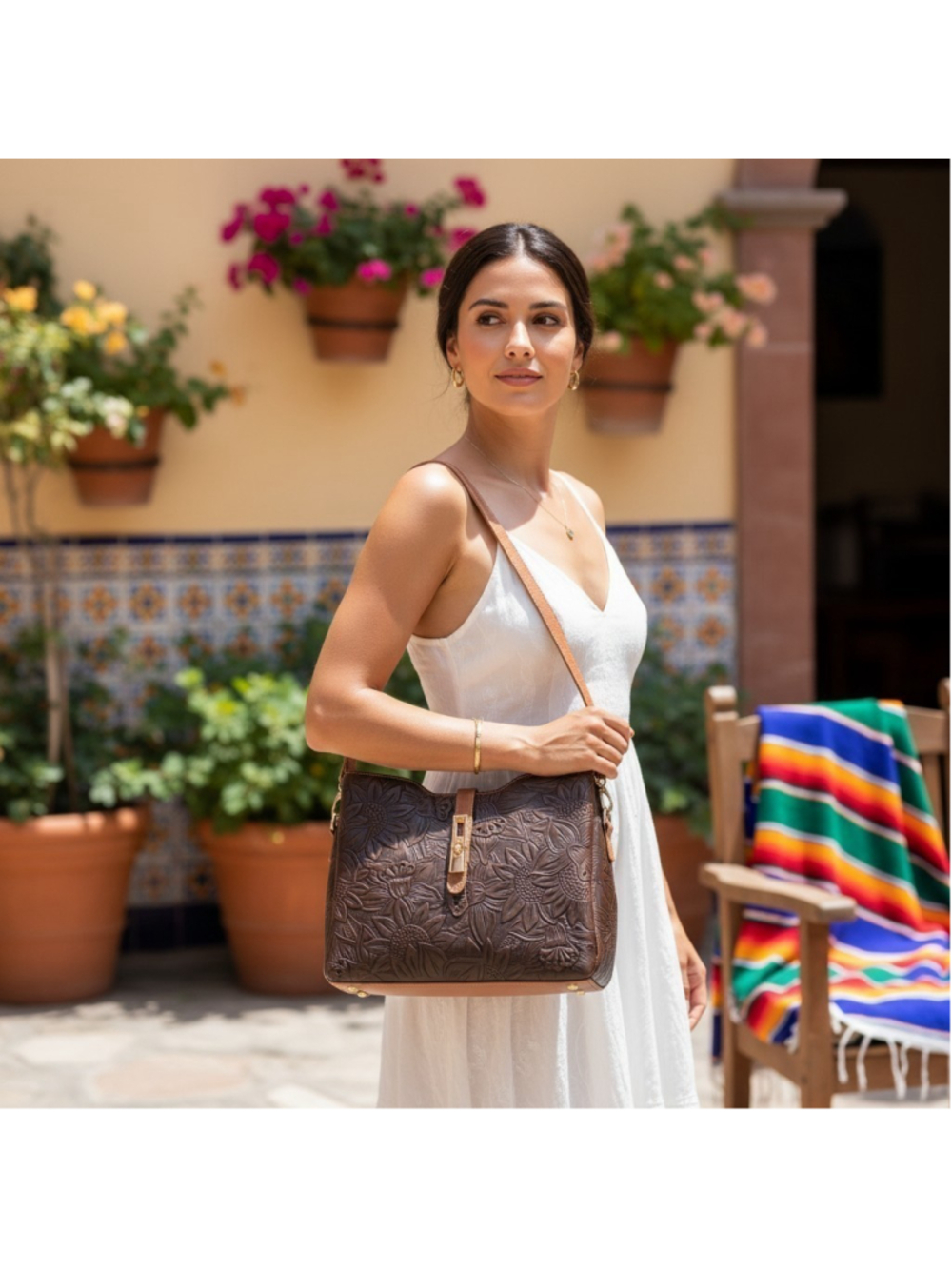 2 Straps Dark Chocolate Brown Embossed Artisan LEATHER Crossbody Shoulder Bag